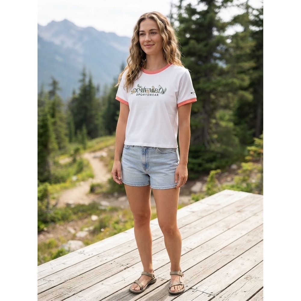Columbia Sportswear Womens White Ringer Graphic T-Shirt Organic Cotton Large NEW